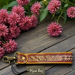 Myra Bag “Saddlewood” Western Rustic Brown Leather Canvas Hand Tooled Key Fob